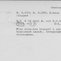 Index card with typed and handwritten information, sometimes including a sketch, of pottery from an excavation.