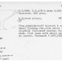 Index card with typed and handwritten information, sometimes including a sketch, of pottery from an excavation.