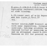 Index card with typed and handwritten information, sometimes including a sketch, of pottery from an excavation.