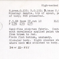 Index card with typed and handwritten information, sometimes including a sketch, of pottery from an excavation.