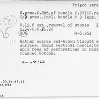 Index card with typed and handwritten information, sometimes including a sketch, of pottery from an excavation.
