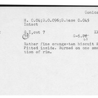 Index card with typed and handwritten information, sometimes including a sketch, of pottery from an excavation.