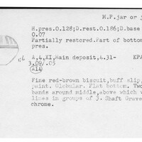 Index card with typed and handwritten information, sometimes including a sketch, of pottery from an excavation.