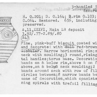 Index card with typed and handwritten information, sometimes including a sketch, of pottery from an excavation.
