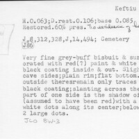 Index card with typed and handwritten information, sometimes including a sketch, of pottery from an excavation.
