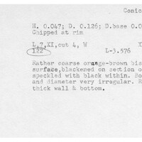 Index card with typed and handwritten information, sometimes including a sketch, of pottery from an excavation.