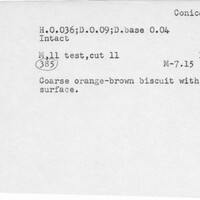 Index card with typed and handwritten information, sometimes including a sketch, of pottery from an excavation.