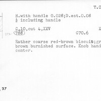 Index card with typed and handwritten information, sometimes including a sketch, of pottery from an excavation.