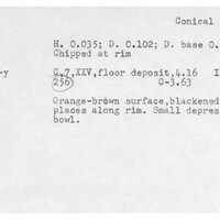 Index card with typed and handwritten information, sometimes including a sketch, of pottery from an excavation.
