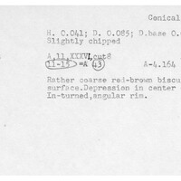 Index card with typed and handwritten information, sometimes including a sketch, of pottery from an excavation.