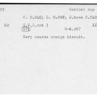 Index card with typed and handwritten information, sometimes including a sketch, of pottery from an excavation.