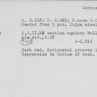Index card with typed and handwritten information, sometimes including a sketch, of pottery from an excavation.