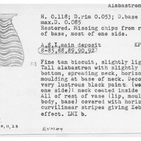 Index card with typed and handwritten information, sometimes including a sketch, of pottery from an excavation.
