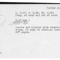 Index card with typed and handwritten information, sometimes including a sketch, of pottery from an excavation.