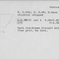 Index card with typed and handwritten information, sometimes including a sketch, of pottery from an excavation.