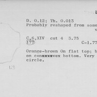 Index card with typed and handwritten information, sometimes including a sketch, of pottery from an excavation.