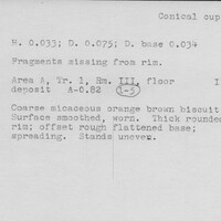 Index card with typed and handwritten information, sometimes including a sketch, of pottery from an excavation.