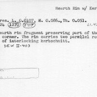 Index card with typed and handwritten information, sometimes including a sketch, of pottery from an excavation.