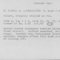 Index card with typed and handwritten information, sometimes including a sketch, of pottery from an excavation.