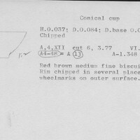 Index card with typed and handwritten information, sometimes including a sketch, of pottery from an excavation.