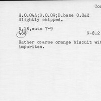 Index card with typed and handwritten information, sometimes including a sketch, of pottery from an excavation.