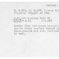 Index card with typed and handwritten information, sometimes including a sketch, of pottery from an excavation.