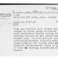 Index card with typed and handwritten information, sometimes including a sketch, of pottery from an excavation.