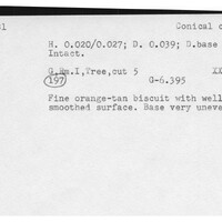 Index card with typed and handwritten information, sometimes including a sketch, of pottery from an excavation.