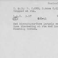 Index card with typed and handwritten information, sometimes including a sketch, of pottery from an excavation.