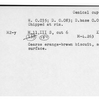 Index card with typed and handwritten information, sometimes including a sketch, of pottery from an excavation.