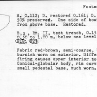 Index card with typed and handwritten information, sometimes including a sketch, of pottery from an excavation.