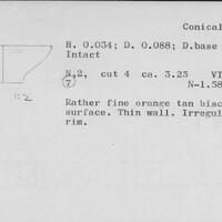 Index card with typed and handwritten information, sometimes including a sketch, of pottery from an excavation.