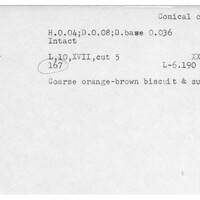 Index card with typed and handwritten information, sometimes including a sketch, of pottery from an excavation.