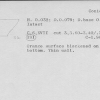 Index card with typed and handwritten information, sometimes including a sketch, of pottery from an excavation.