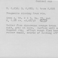 Index card with typed and handwritten information, sometimes including a sketch, of pottery from an excavation.