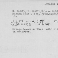 Index card with typed and handwritten information, sometimes including a sketch, of pottery from an excavation.