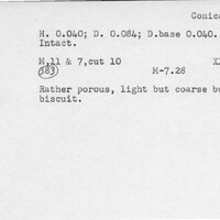 Index card with typed and handwritten information, sometimes including a sketch, of pottery from an excavation.