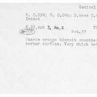Index card with typed and handwritten information, sometimes including a sketch, of pottery from an excavation.