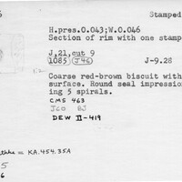Index card with typed and handwritten information, sometimes including a sketch, of pottery from an excavation.