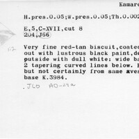 Index card with typed and handwritten information, sometimes including a sketch, of pottery from an excavation.