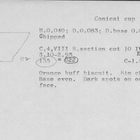 Index card with typed and handwritten information, sometimes including a sketch, of pottery from an excavation.