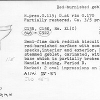 Index card with typed and handwritten information, sometimes including a sketch, of pottery from an excavation.