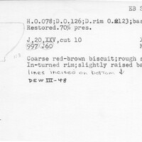 Index card with typed and handwritten information, sometimes including a sketch, of pottery from an excavation.