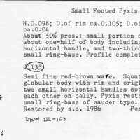 Index card with typed and handwritten information, sometimes including a sketch, of pottery from an excavation.