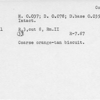 Index card with typed and handwritten information, sometimes including a sketch, of pottery from an excavation.