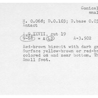 Index card with typed and handwritten information, sometimes including a sketch, of pottery from an excavation.