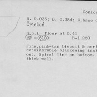 Index card with typed and handwritten information, sometimes including a sketch, of pottery from an excavation.