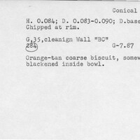 Index card with typed and handwritten information, sometimes including a sketch, of pottery from an excavation.