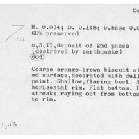 Index card with typed and handwritten information, sometimes including a sketch, of pottery from an excavation.
