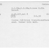 Index card with typed and handwritten information, sometimes including a sketch, of pottery from an excavation.